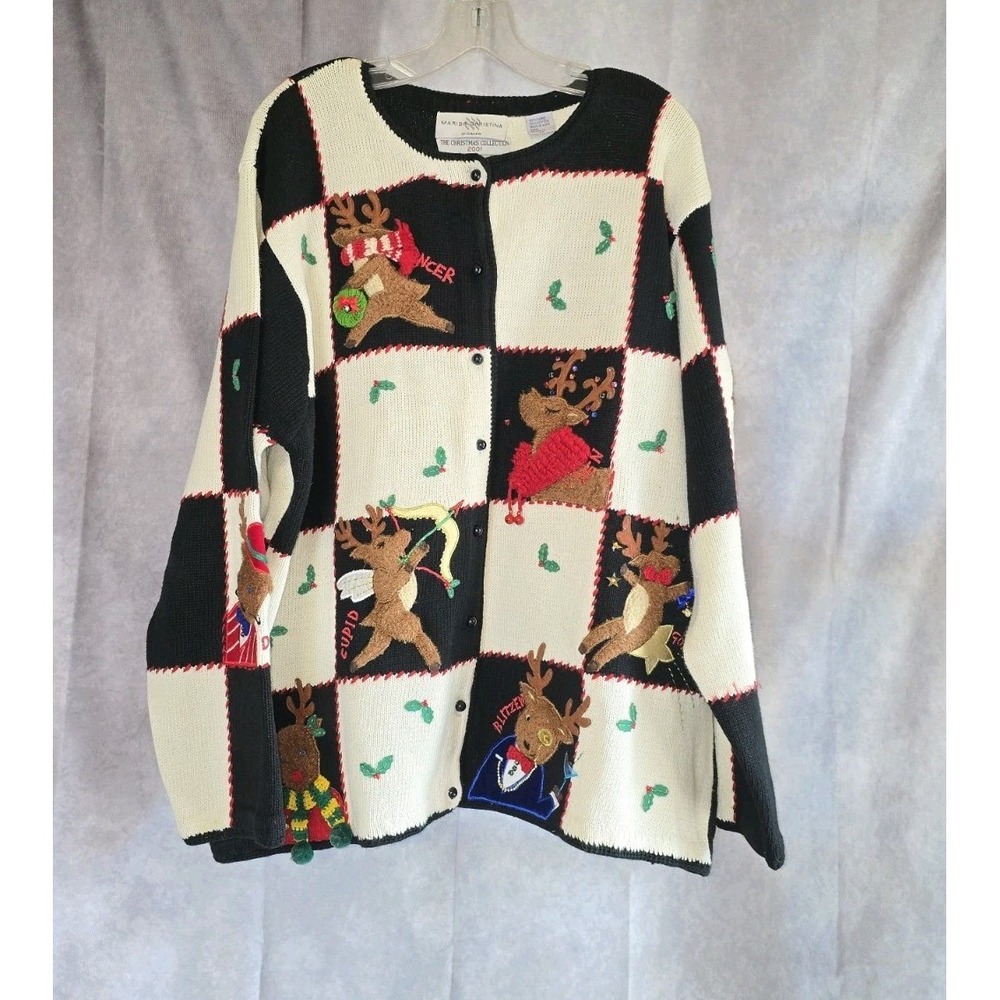 Vtg Marisa Christina 2001 Reindeer Checkered Christmas Ugly Sweater